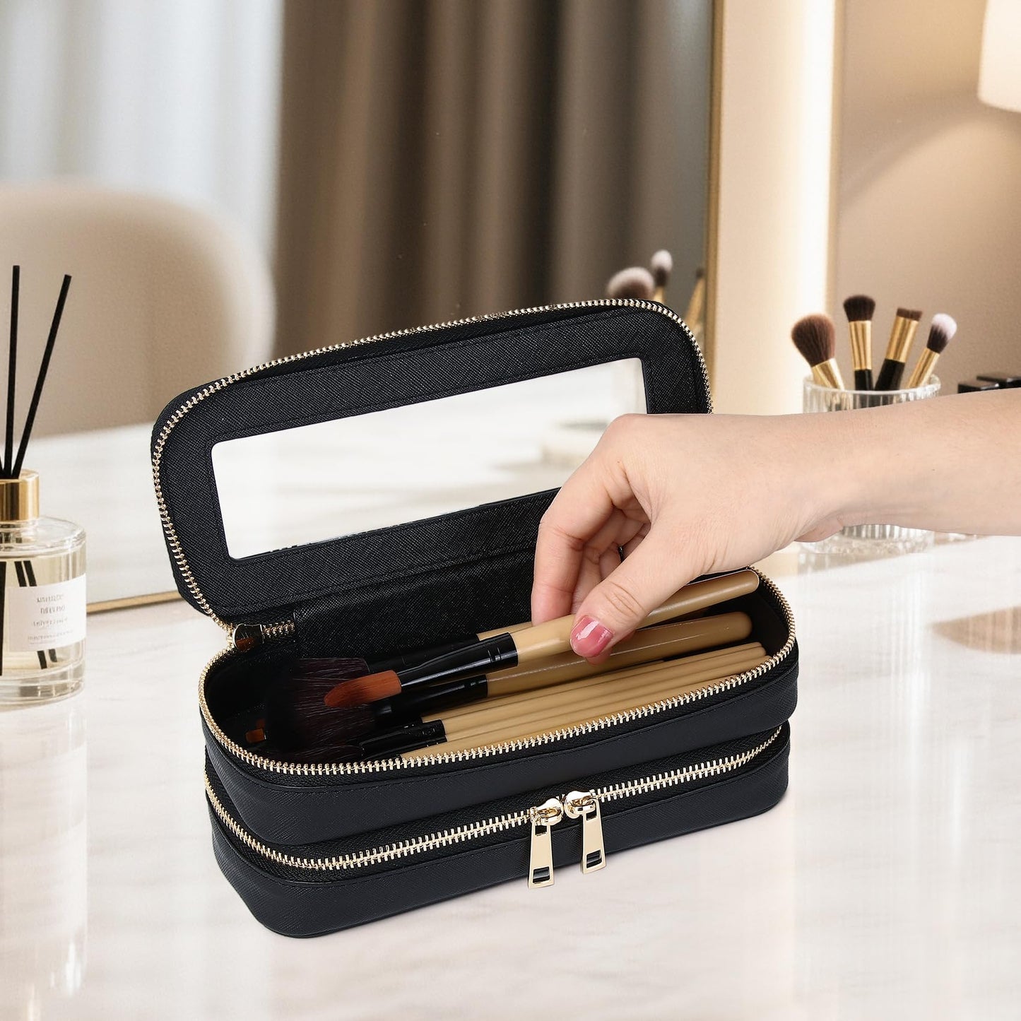 LOFOWN Double Layer Makeup Bag Makeup Brush Case Waterproof Travel Cosmetic & Toiletry Bag Purse Organizer and Car Essentials for Women (Black, 2-Layer SLIM)