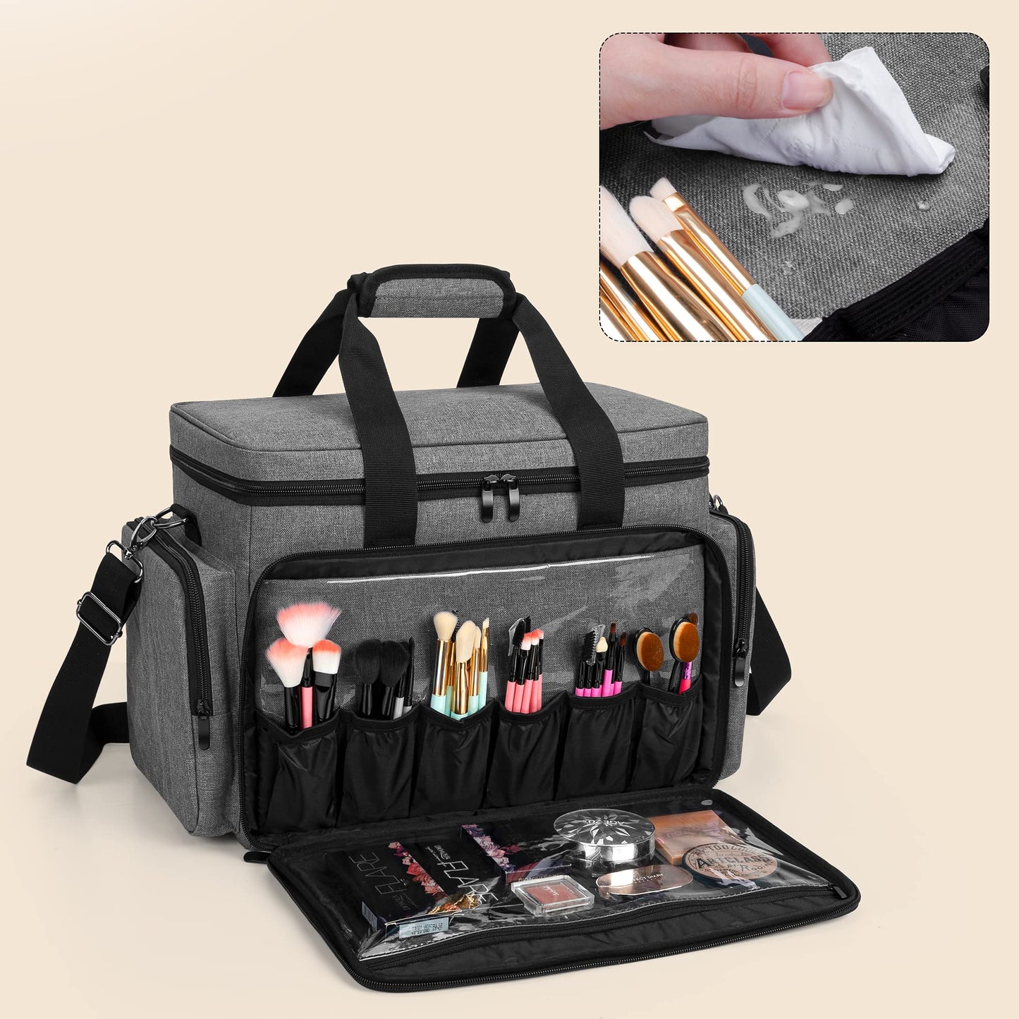 BAFASO Large Makeup Bag Cosmetic Bag with Removable Dividers, Travel Makeup Case Holds Cosmetics and Hair Supplies, Gray