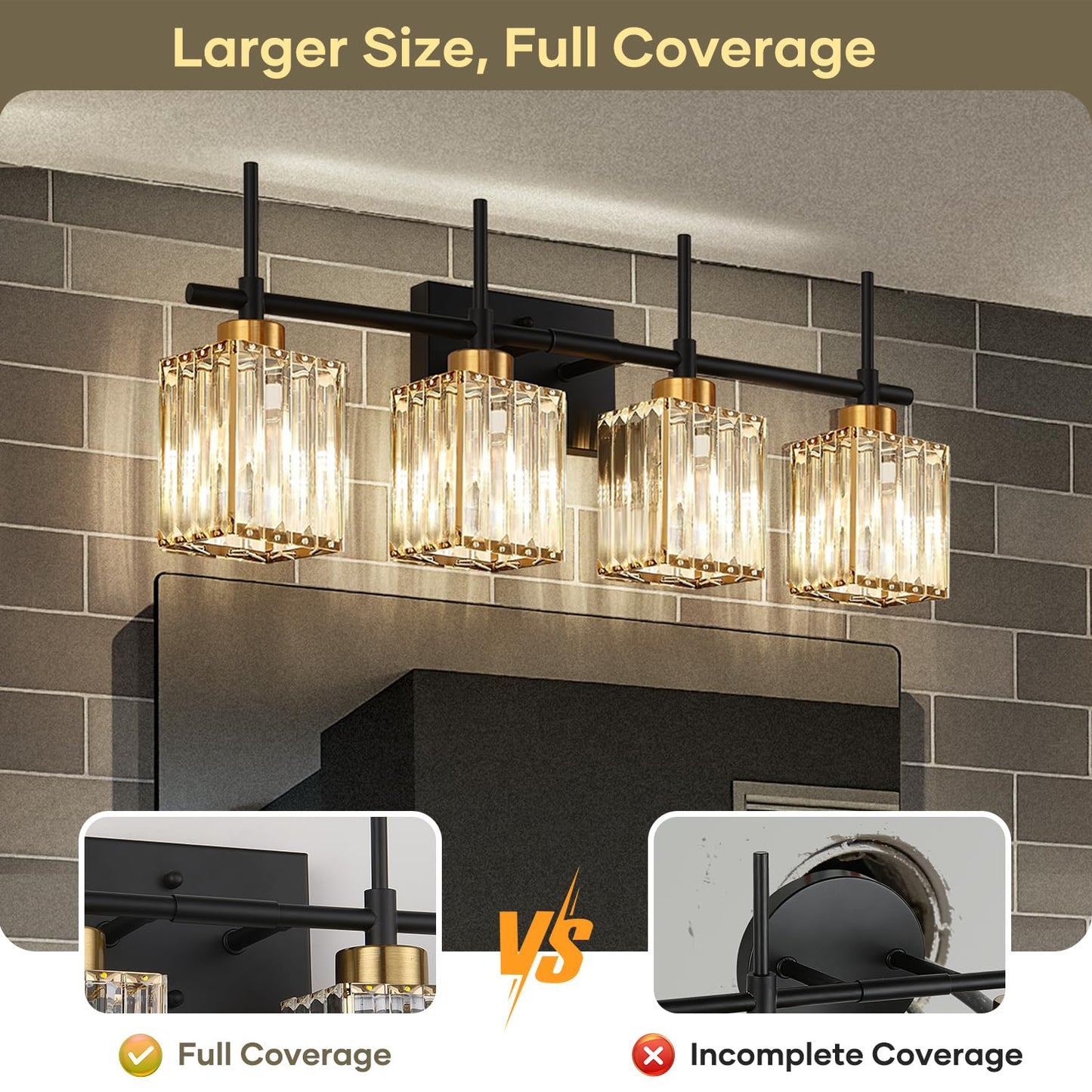 Torondo Modern Crystal Bathroom Vanity Light 4-Lights Gold Bathroom Light Fixtures Over Mirror Black and Gold Vanity Lighting Fixtures Gold Square Shade Brass Wall Sconce (Bulbs Not Include)