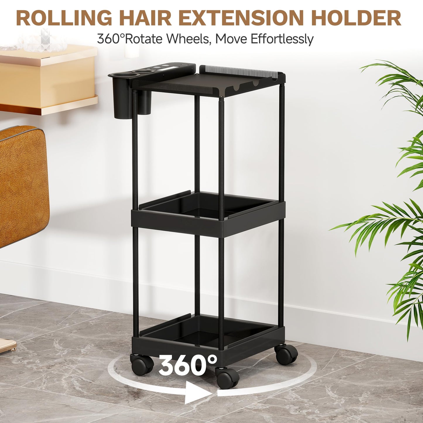 3 Tier Hair Extension Holder, Rolling Hair Extension Tool Trolley Cart, Wigs Styling Braiding Rack Separator Stand, Hairstylist Extensions Hanger Display Stand for Home Beauty Hair Salon Hairdressing