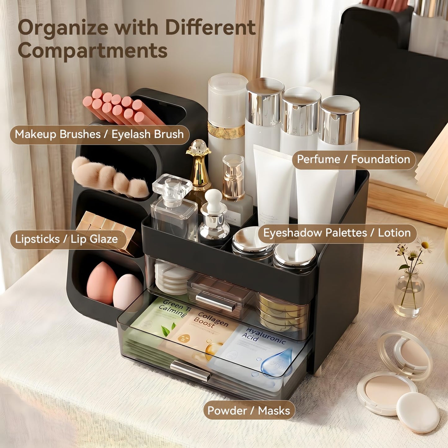 Brothersbox Makeup Organizer with Brush Holder for Vanity, Large Countertop Skincare Storage with 2 Drawers, Holds Lipsticks, Nail Polishes, Perfumes, Brushes - Gift for Women, Black