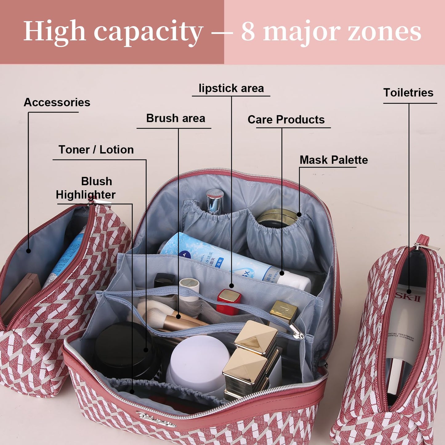 BOYATU Travel Makeup Bags for Women: Large Capacity Cosmetic Bag Set of 3 - Vegan Leather Make up Bags with Compartments - Wide Open Waterproof Toiletry Organizer Bag with Handle (P-03-Red)