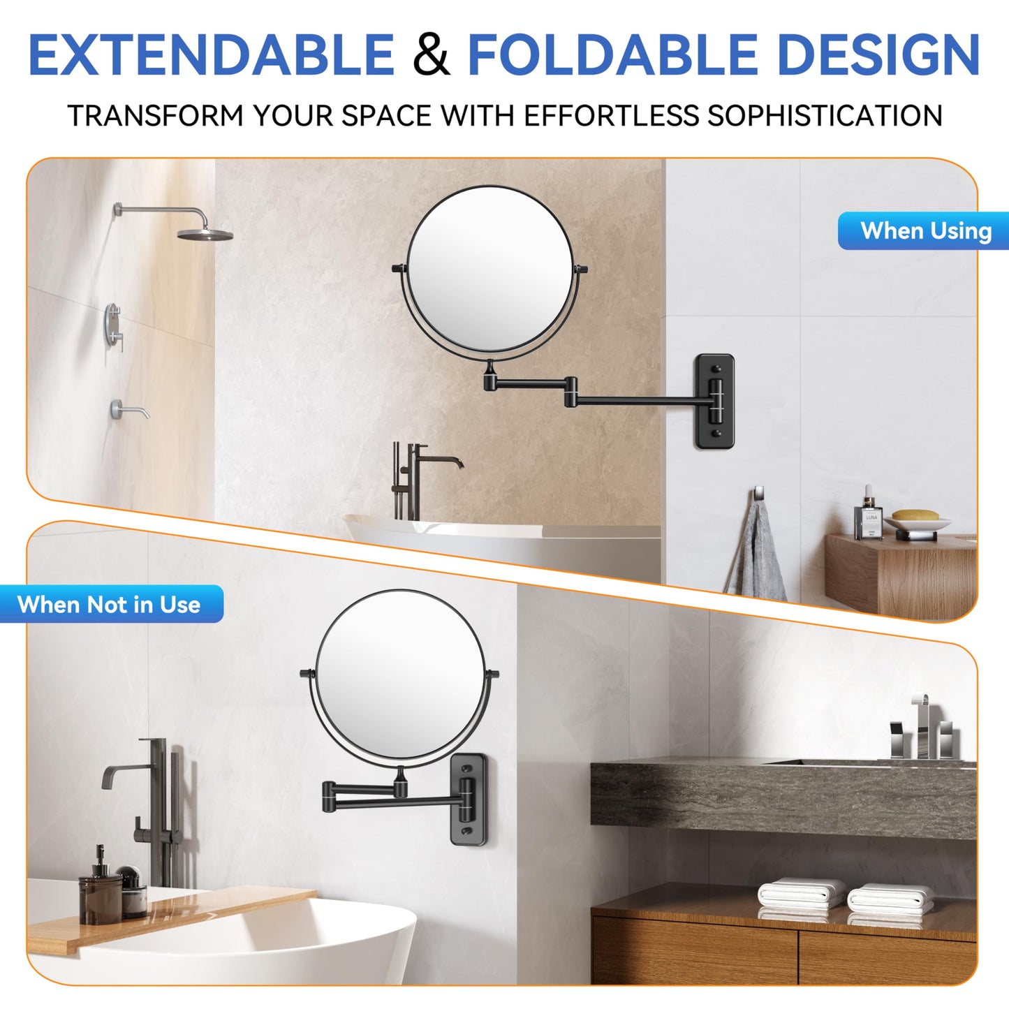 Auxmir 1X/30X Wall Mounted Makeup Mirror, Double Sided Magnifying Mirror with Tweezers, Bathroom Makeup Mirror, Cosmetic Vanity Mirror with 360 Rotation Extendable Swivel Arm, Black