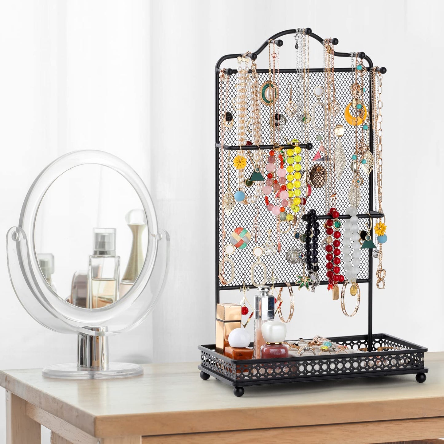 Meangood Black Jewelry Organizer Stand, Earring Holder Rack for Hanging Earrings Necklace Bracelets Watches Jewelry Display Large Rings Storage as Women Gift