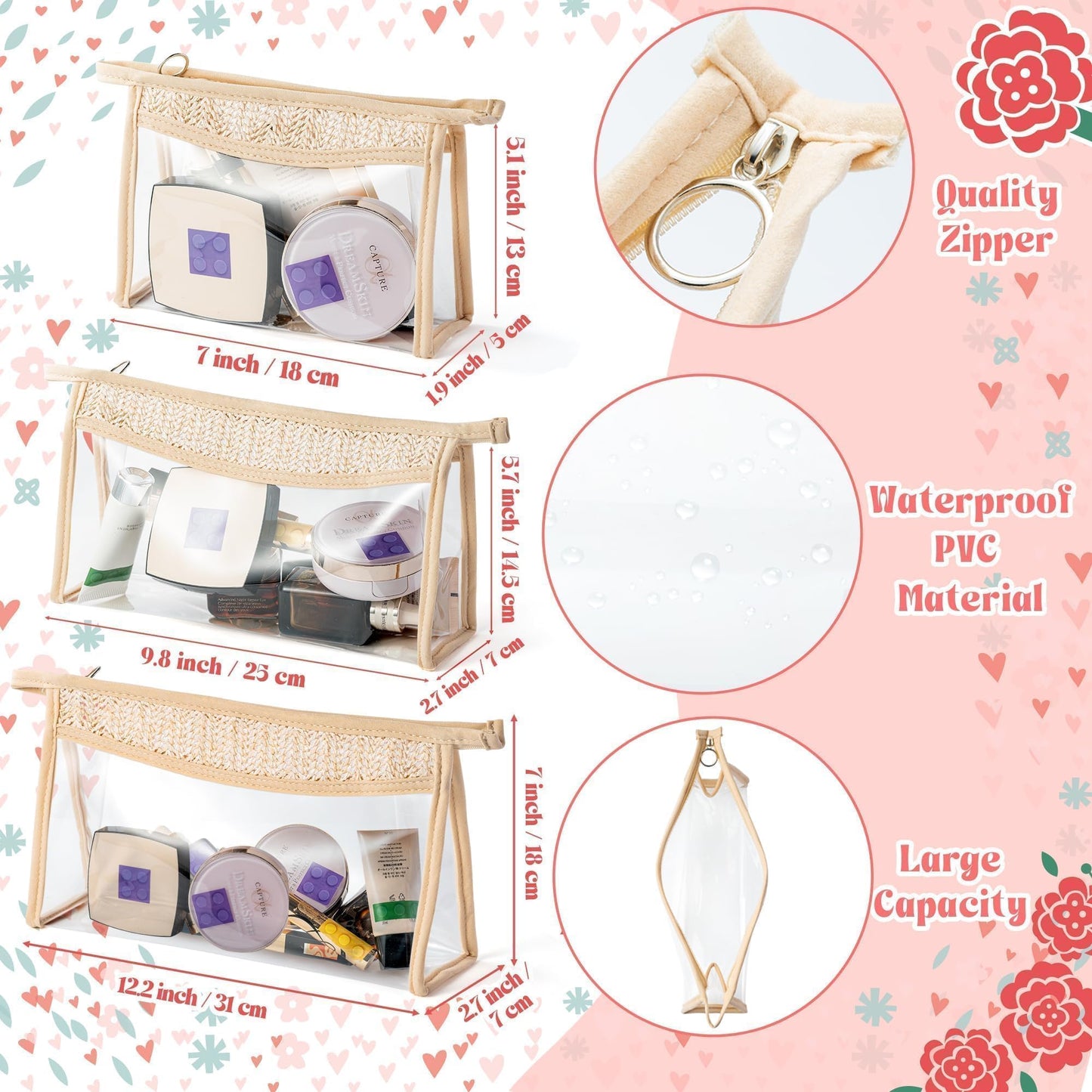 Belanttega Boho Patch Cosmetic Bag - 3Pcs Summer Toiletry Bag Beige Clear Waterproof Travel Makeup Bag PVC Zipper Clutch Daily Use Purse Summer Beach Gifts for Women Girls (Clear Cosmetic Bag)