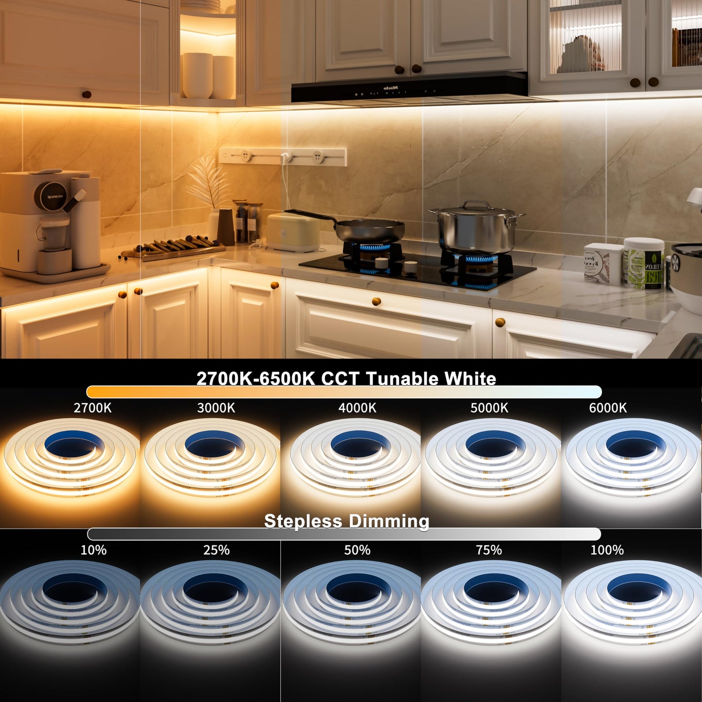 MIWISE CCT COB LED Strip Light Tunable White,20ft/6.1m Dimmable 2700K-6500K CRI90+ 24V LED Tape Light Kit,Compatible with Alexa/Google Assistant/Tuya,for Under Cabinet Bedroom Kitchen DIY Lighting
