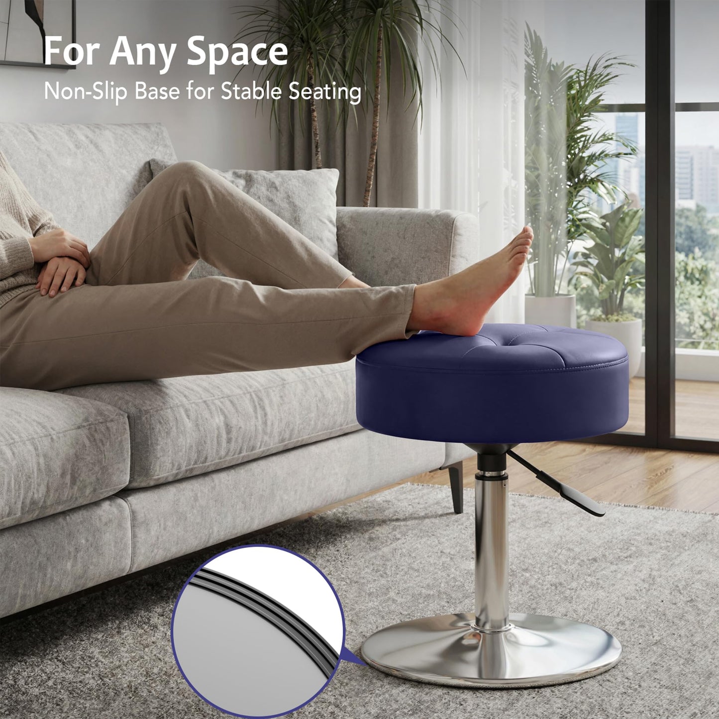 Youtanic Vanity Stool with Adjustable Height, 360°Swivel Ottoman Chair for Adults, Round Padded Makeup Stool with Stable Support for Vanity Bedroom, Bathroom, Dorm, Navy Blue