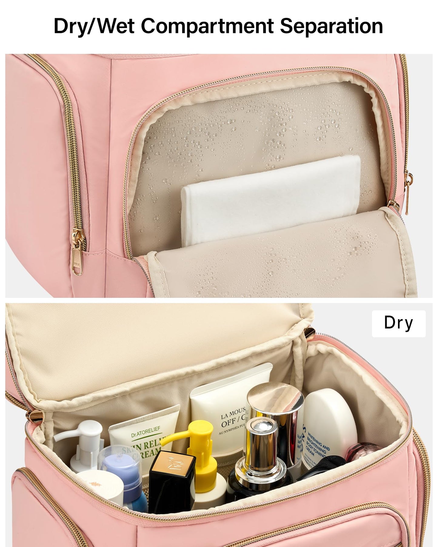 Hanke Large Toiletry Bag for Women Travel, Double Layer Organizer with Wide Opening for Full-Size Cosmetics & Toiletries, 12.2L Water-Resistant Makeup Bag,Pink