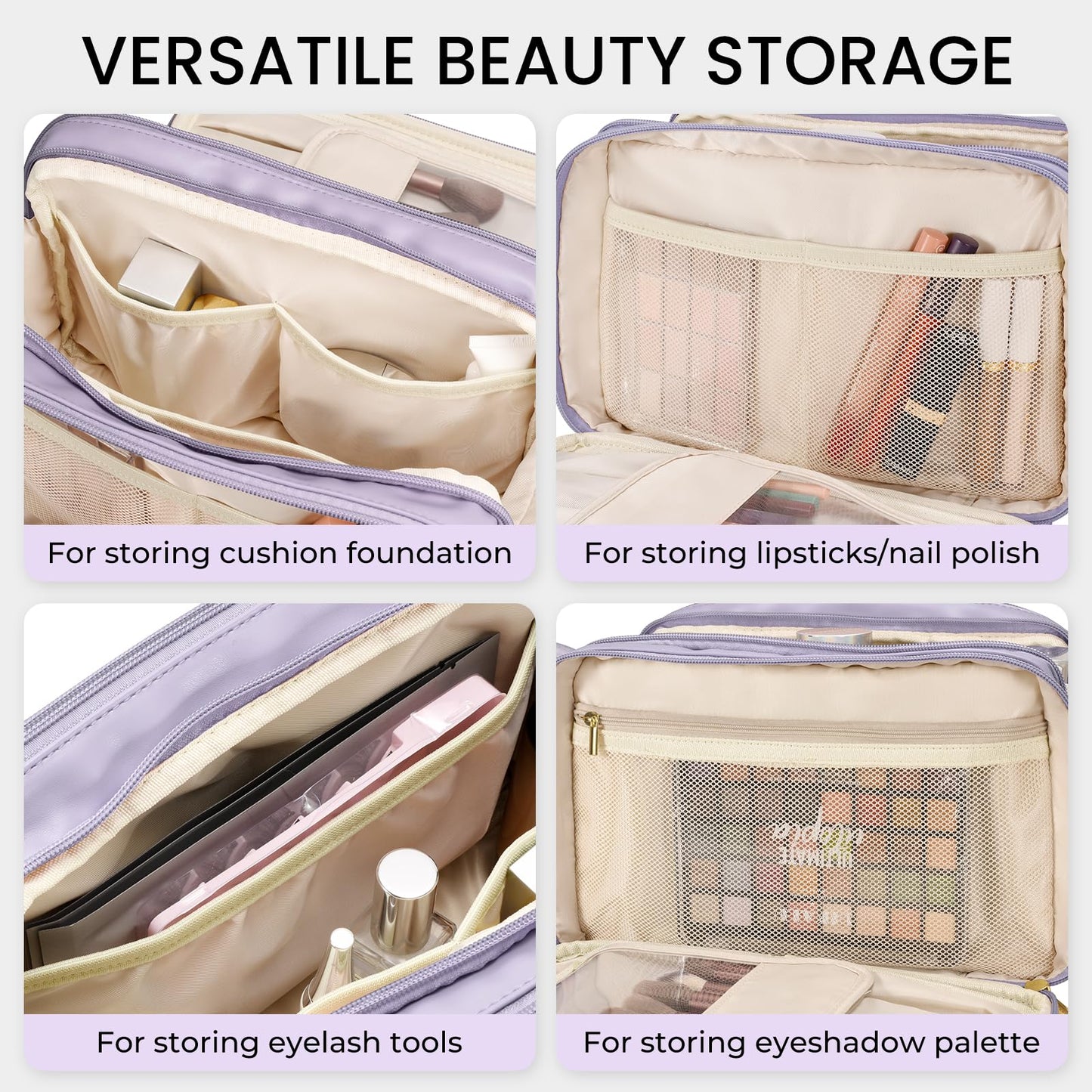 Travel Makeup Bag Women's Large Capacity Cosmetic Portable Organizer Large Opening Waterproof Storage Toiletry Bags Vertical Free-Standing Brush Holder for Easy Access Purple