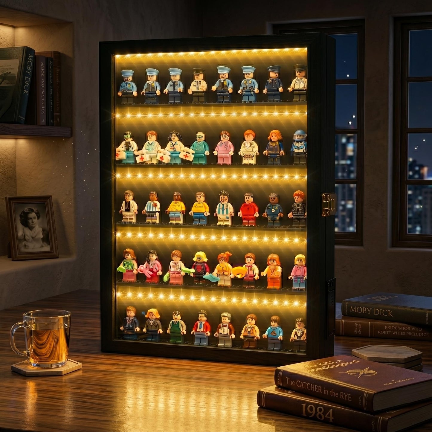 Minifigure Display Case – Black 16″ × 11″ × 2″ Showcase Cabinet with LED‑Lit Shelves, Mini Figurines Display Case with Built‑in Feet, Battery‑Powered, Cord‑Free Collection Display