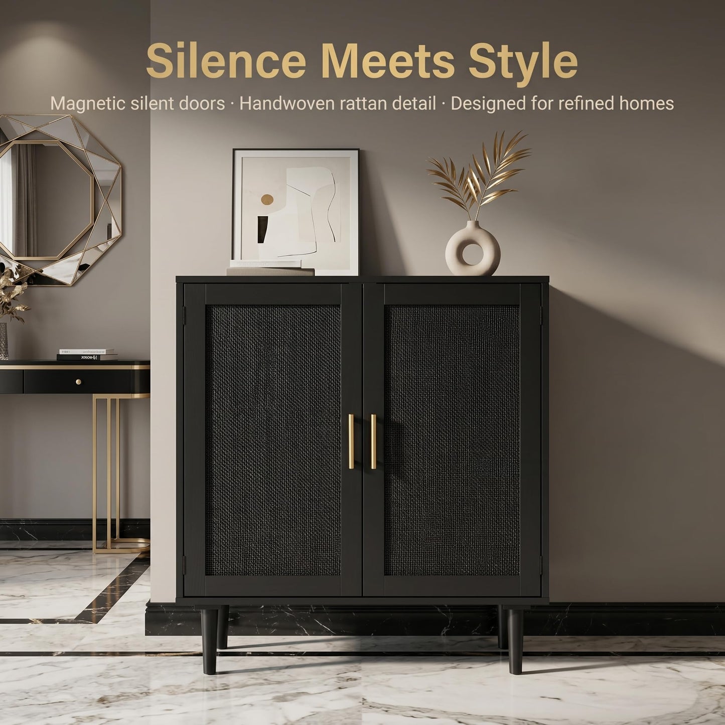 Finnhomy Sideboard Buffet Kitchen Storage Cabinet with Black Painted Rattan Decorated Doors, Dining Room, Hallway, Cupboard Console Table, Liquor/Accent Cabinet, 31.5X 15.8X 34.6 Inches, Black