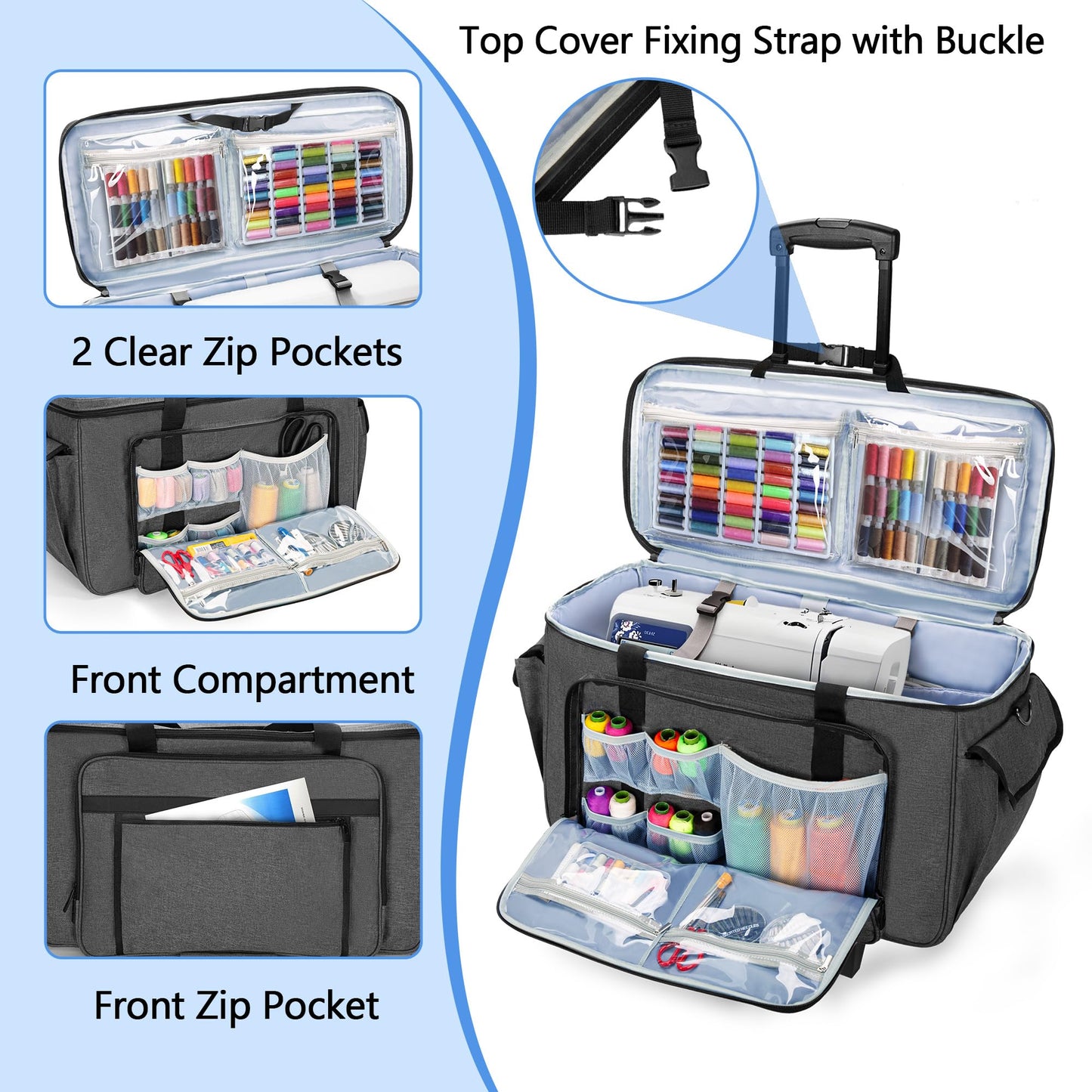 CURMIO Sewing and Embroidery Machine Carrying Case with Wheels, Rolling Embroidery Machine Tote Bag with Bottom Support Board Compatible with Brother SE600, PE535 Embroidery Machine, Gray