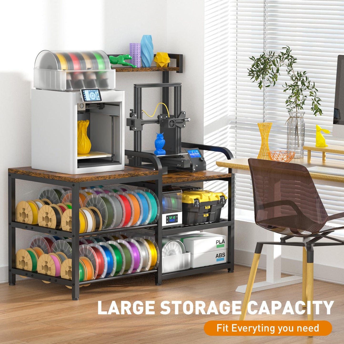 ikkle 3D Printer Table with Filament Storage Rack, Heavy Duty 3D Printer Stand with Power Outlet, 4-Tier 3D Print Desk & Filament Organized for Home Offices, Workshop, Studio (Brown)