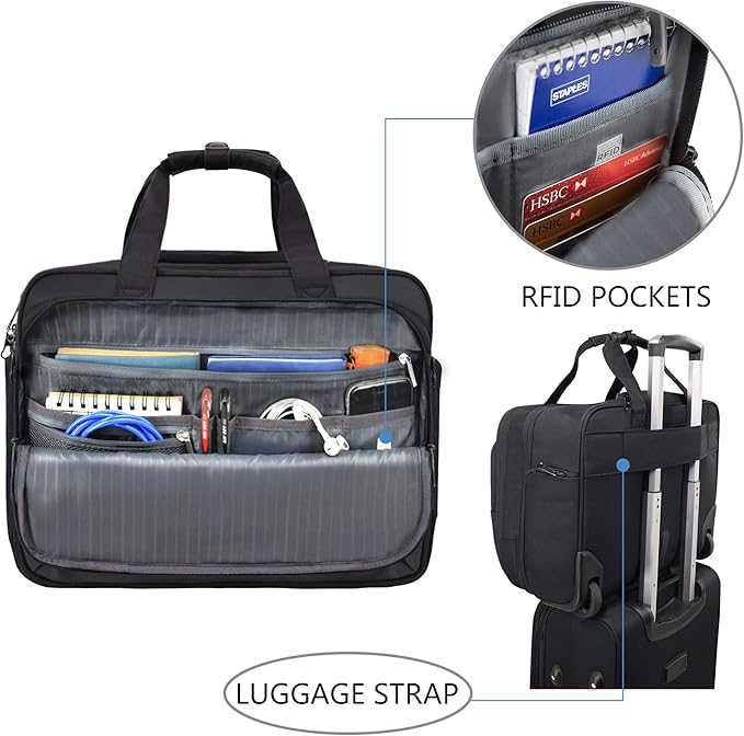KROSER Rolling Laptop Bag for Men Women, Rolling Laptop Wheeled Briefcase for Business Fits Up to 17.3 Inch Laptop, Water-Repellent Wheeled Computer Bag Roller Case with RFID Pockets for Travel
