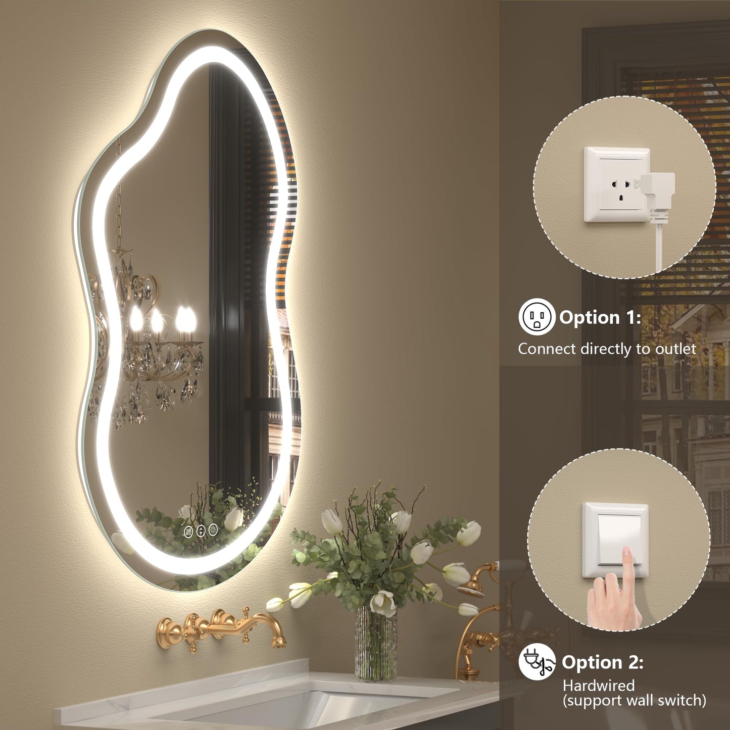 CHARMOR Irregular Backlit Bathroom Mirror with Lights 20x36 Inch, Asymmetrical Cloud-Shaped Led Lighted Vanity Mirror, Fogless, Dimmable, Shatterproof, Memory (Horizontal/Vertical)