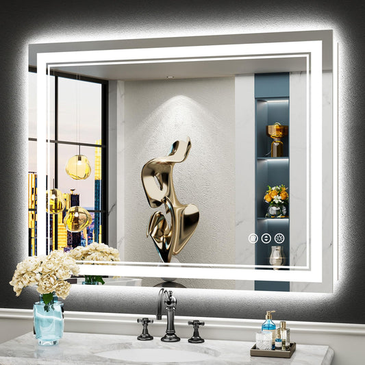 AWANDEE 40x32 LED Bathroom Mirror with Lights, Backlit and Front Lit Anti-Fog Lighted Vanity Mirrors for Bathroom Wall, Dimmable, 3-Color Light, Memory, Shatter-Proof, HD Tempered Glass, CRI＞90