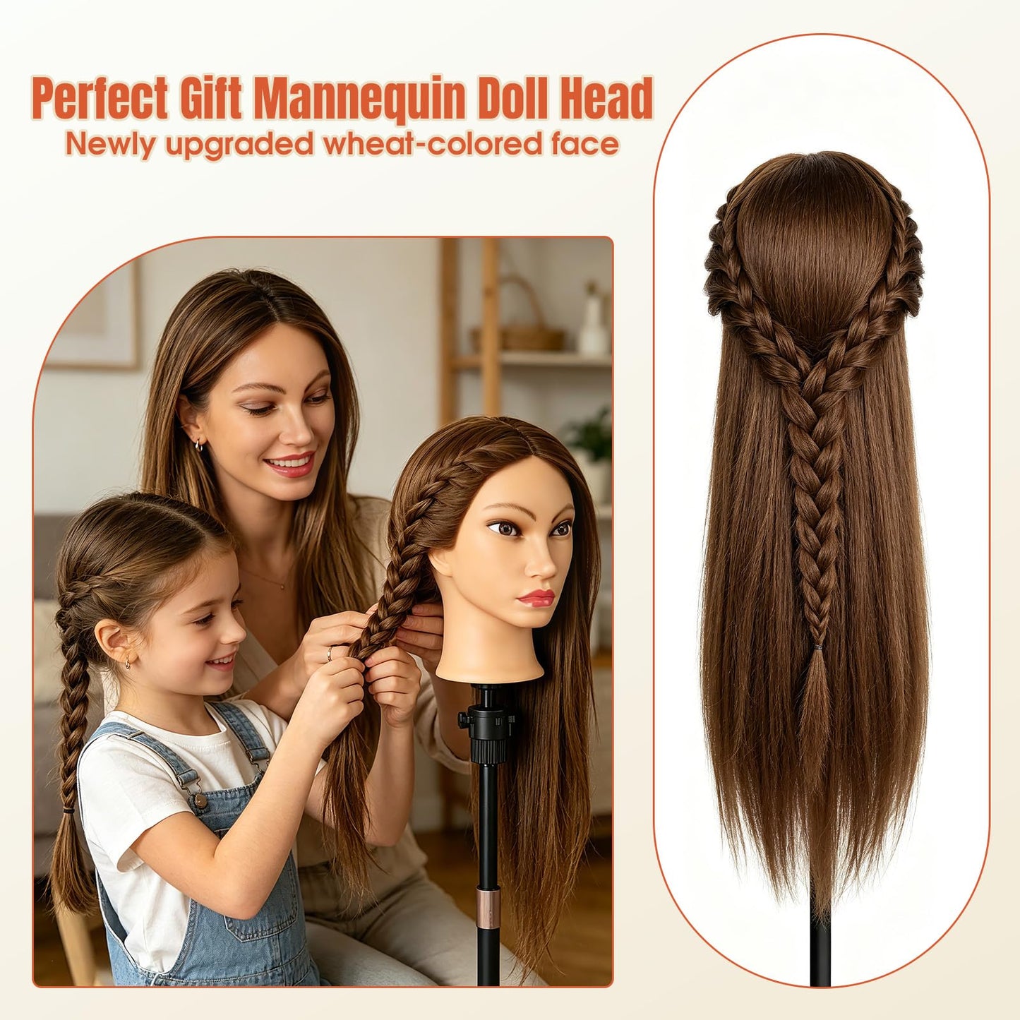 26''Real Hair Mannequin Head,TopDirect 100% Amber Brown Hairdresser Cosmetology Mannequin Doll Head Styling,Manikin Heads Hairs Braiding DIY Styling with Clamp Holder and Tools Set