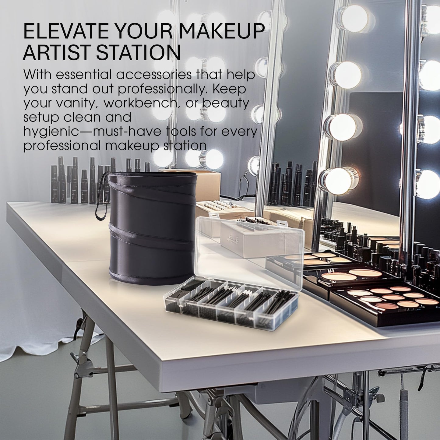 OR KO Disposable Makeup Applicator Kit with Spatulas, Lip Applicators, Eyeliner Brushes, Sponge, Eye Brow & Mascara Brush Includes Portable Collapsible Trash Bin Ideal for Makeup Artist