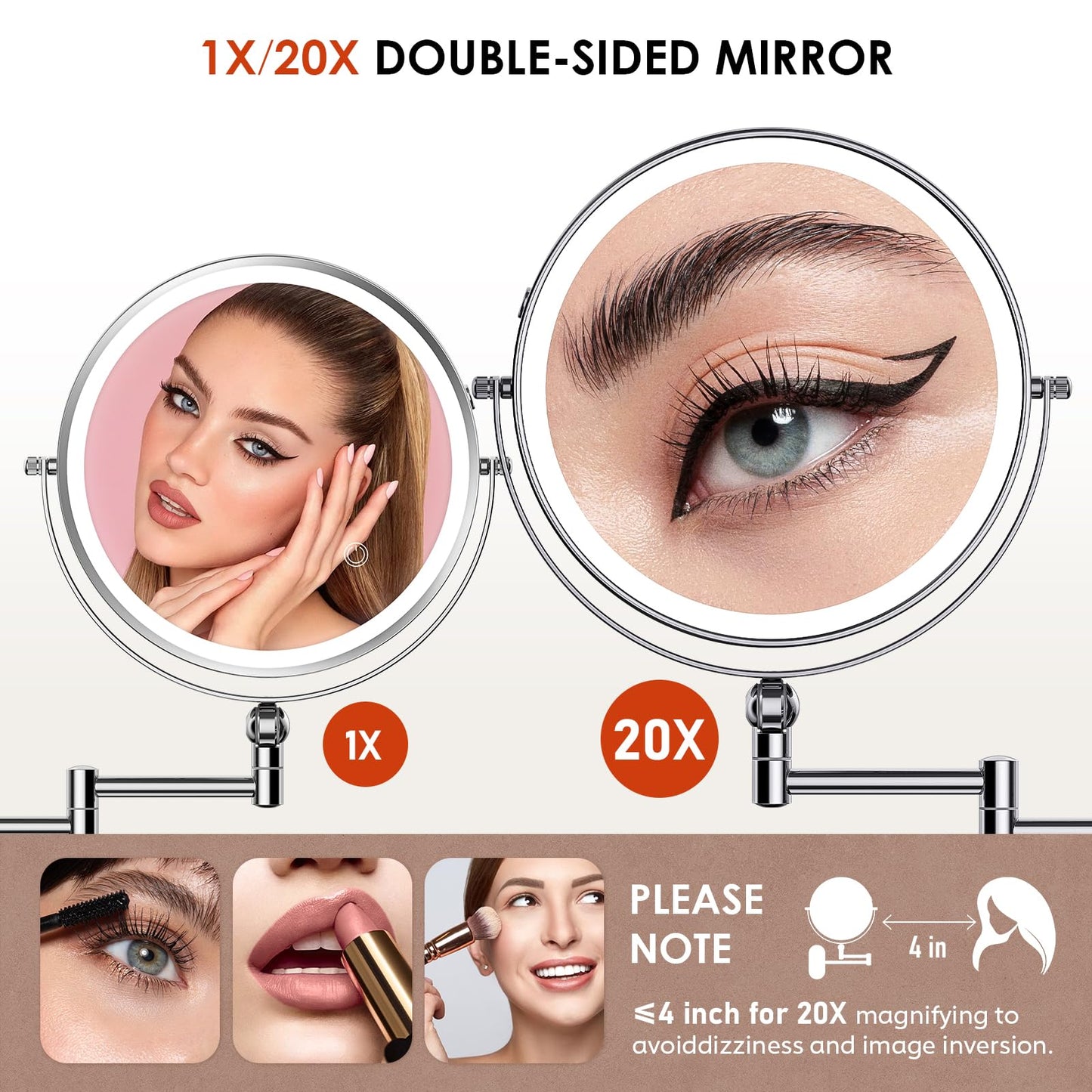 ZLOKLA 9" Wall Mounted Lighted Makeup Mirror,4000mAh Rechargeable Double Sided 1X/20X Magnifying Mirror with Light,Touch Dimmable,Extended Arm 360 Rotation Wall Mounted Makeup Mirror 3 Color Lights