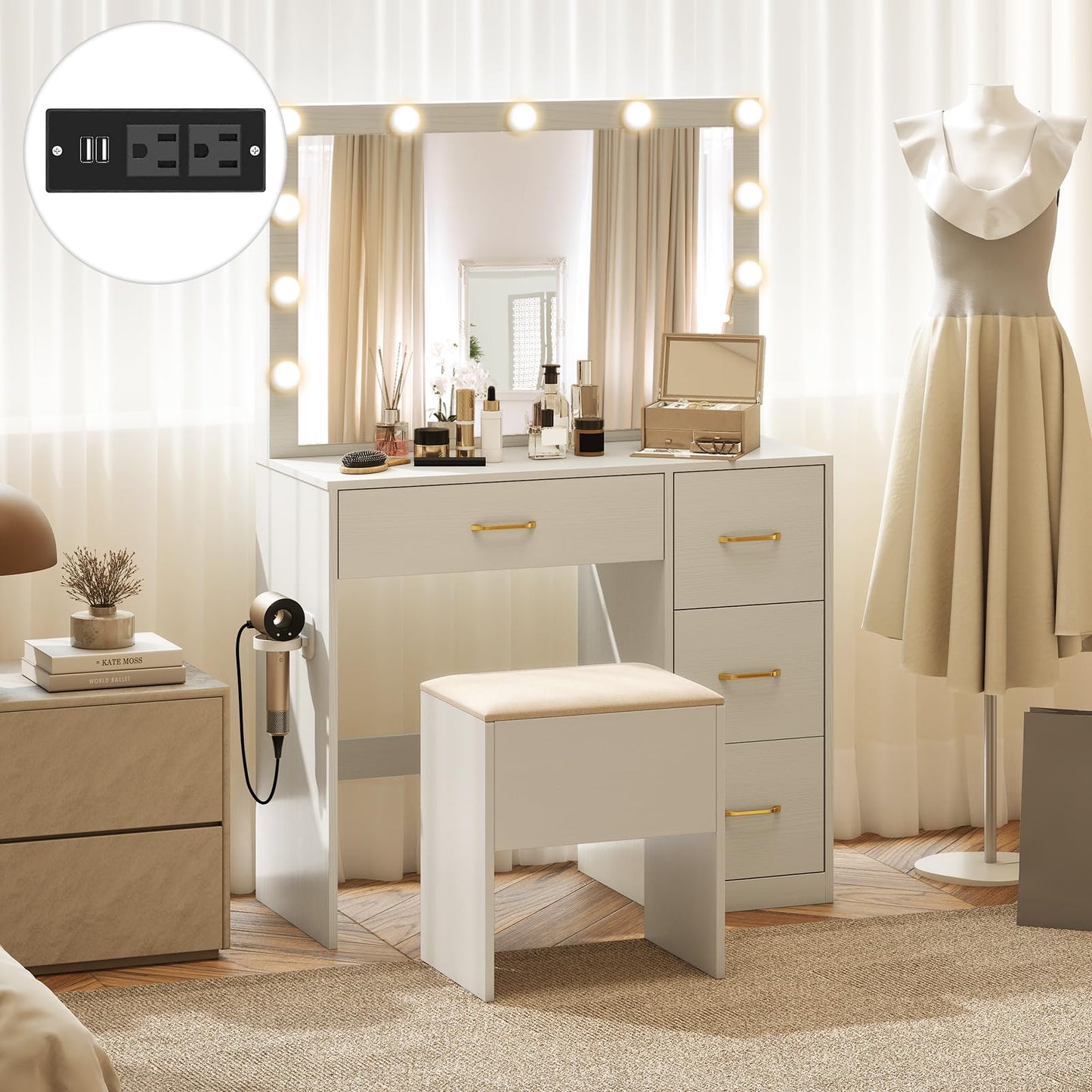 CHEFJOY Vanity Desk with Mirror and Lights, Dressing Table with Storage Stool, 4 Drawers, Charging Station, Hair Dryer Stand, 3 Color Lighting, Modern Makeup Vanity for Bedroom, Living Room, White
