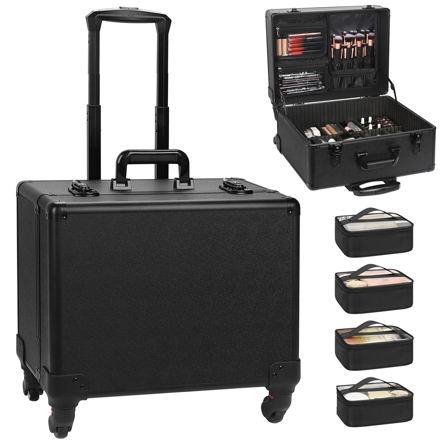 Relavel Rolling Makeup Case Cosmetology Case on Wheels Professional Extra Large Travel Train Case for Makeup Artists, Trolley Suitcase for Cosmetic Nair Art Salon Storage Organizer with 6 Clear Bags
