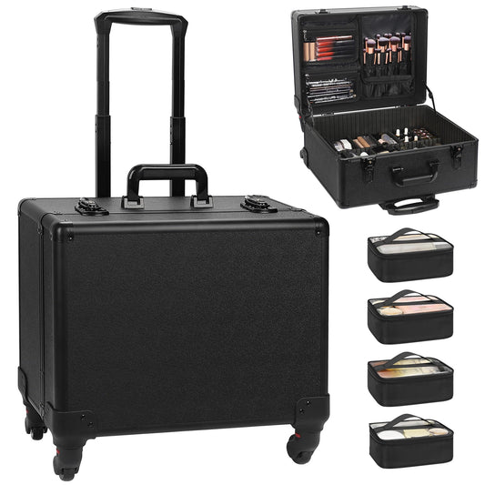 Relavel Rolling Makeup Case Cosmetology Case on Wheels Professional Extra Large Travel Train Case for Makeup Artists, Trolley Suitcase for Cosmetic Nair Art Salon Storage Organizer with 6 Clear Bags