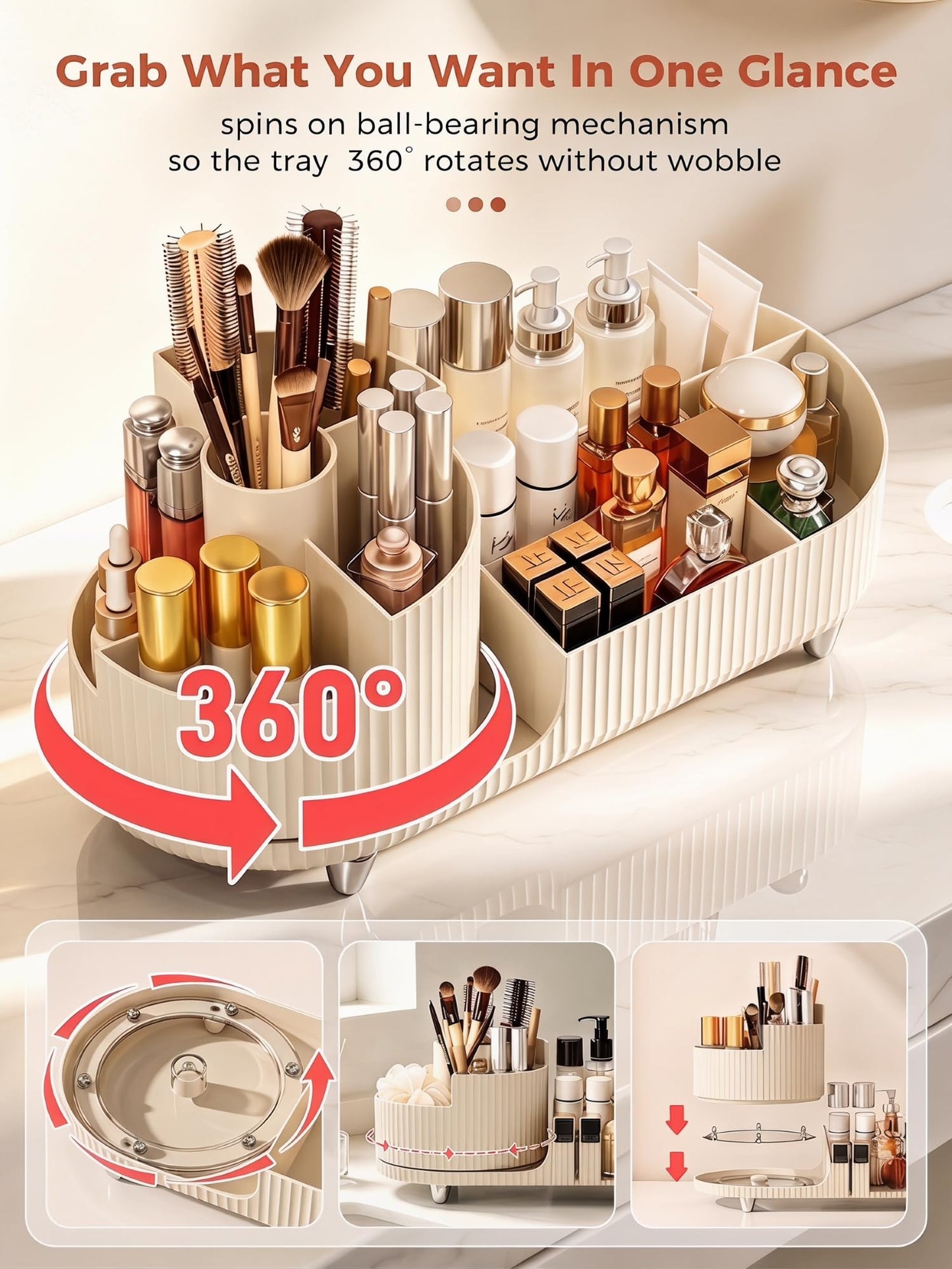 Booklov Rotating Makeup Caddy Organizer for Vanity, Large Capacity Cosmetic Display Case, Countertop Beauty Storage Holder for Skincare, Brush Eyeshadow Lipstick, Counter Desk Organization, Cream