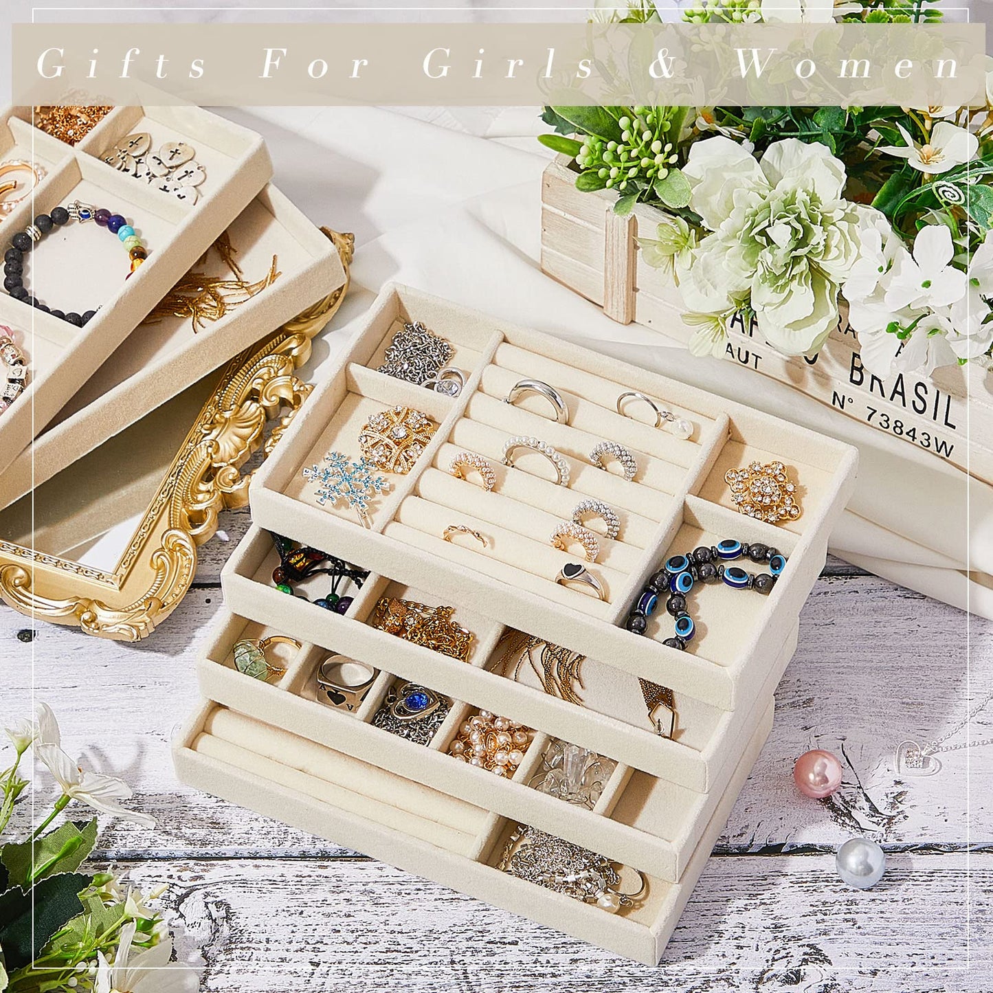 Junkin 18 Pcs Velvet Jewelry Tray, Stackable Jewelry Organizer Trays for Drawer, Jewellery Box Divided Display Tray, Jewelry Inserts for Drawer for Rings Earring Bangle Necklaces(Beige)