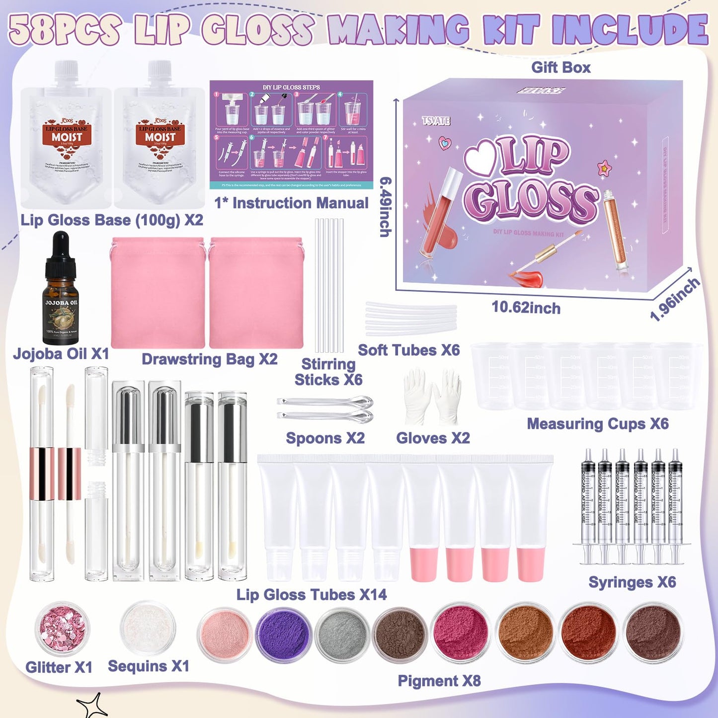 TSVATE Lip Gloss Making Kit, 58PCS DIY Lip Gloss Kit, Lipgloss Making Kit for Women, Beginner, Girls, Moisturizing Lipgloss Base Moist, Double-Ended Tubes, Jojoba Oil, Tween Girls Gift Trendy Stuff