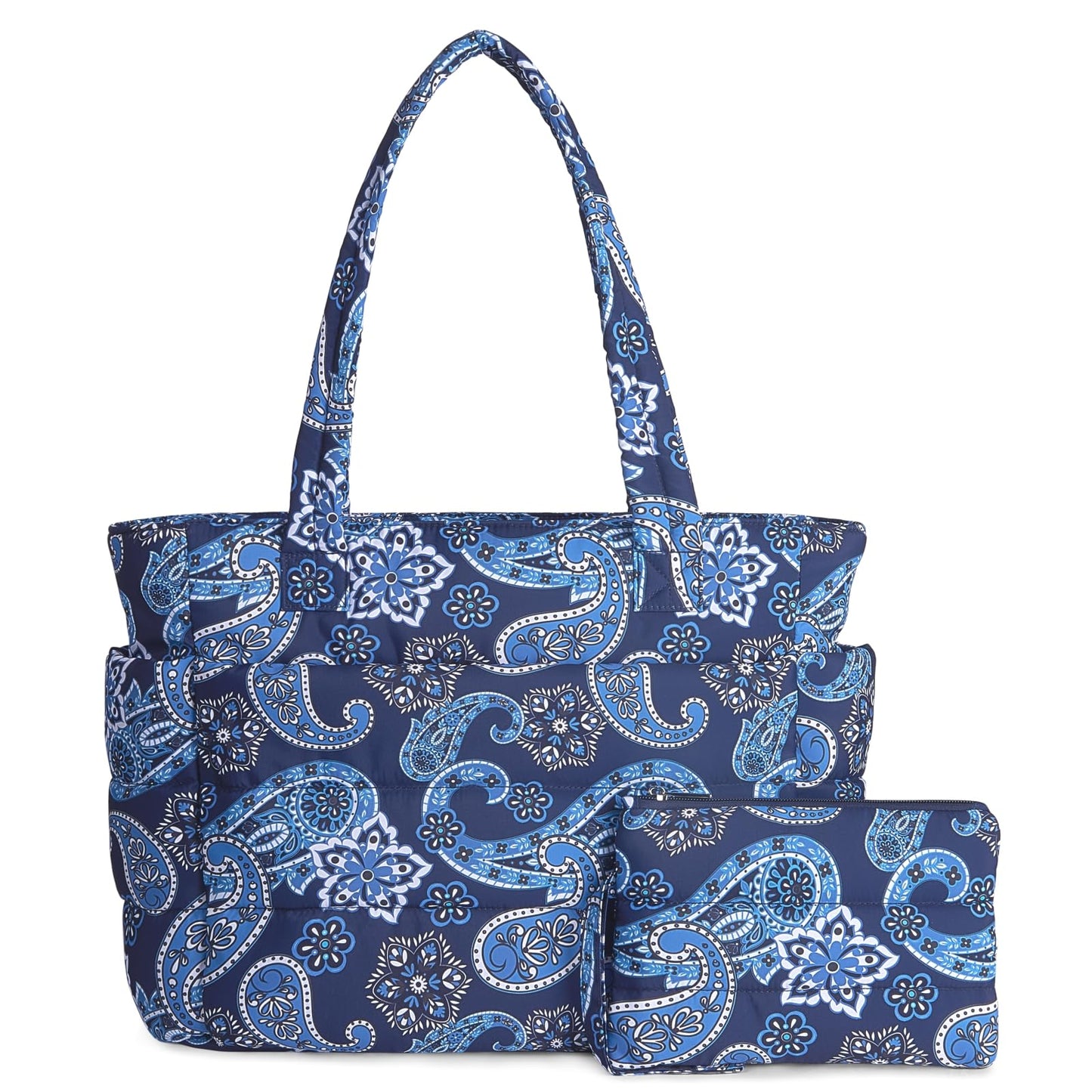 TOPDesign Puffer Tote Bag for Women, Lightweight Puffy Handbag with Compartments & Cosmetic Bag, Quilted Shoulder Bags for Work, Travel, Gym, Gifting (M Bandanna)