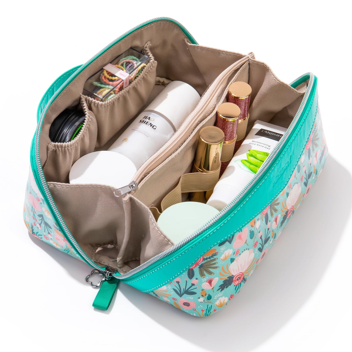 Mrsdry Travel Makeup Bag，Large-capacity waterproof cosmetic bag，Travel bags and toiletries bags for women，PU leather material，Multi-zone and large opening design (Floret)