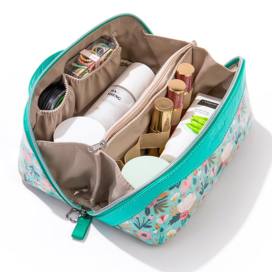 Mrsdry Travel Makeup Bag，Large-capacity waterproof cosmetic bag，Travel bags and toiletries bags for women，PU leather material，Multi-zone and large opening design (Floret)