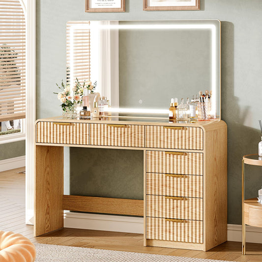 GRUTEUNIT 47.2" Makeup Vanity with 44.8" Mirror and Lights, Modren Vanity Desk with 7 Drawers,Vanity Table with Glass Top, Dressing Table with Charging Station for Women and Girls,Bedroom(Natural)