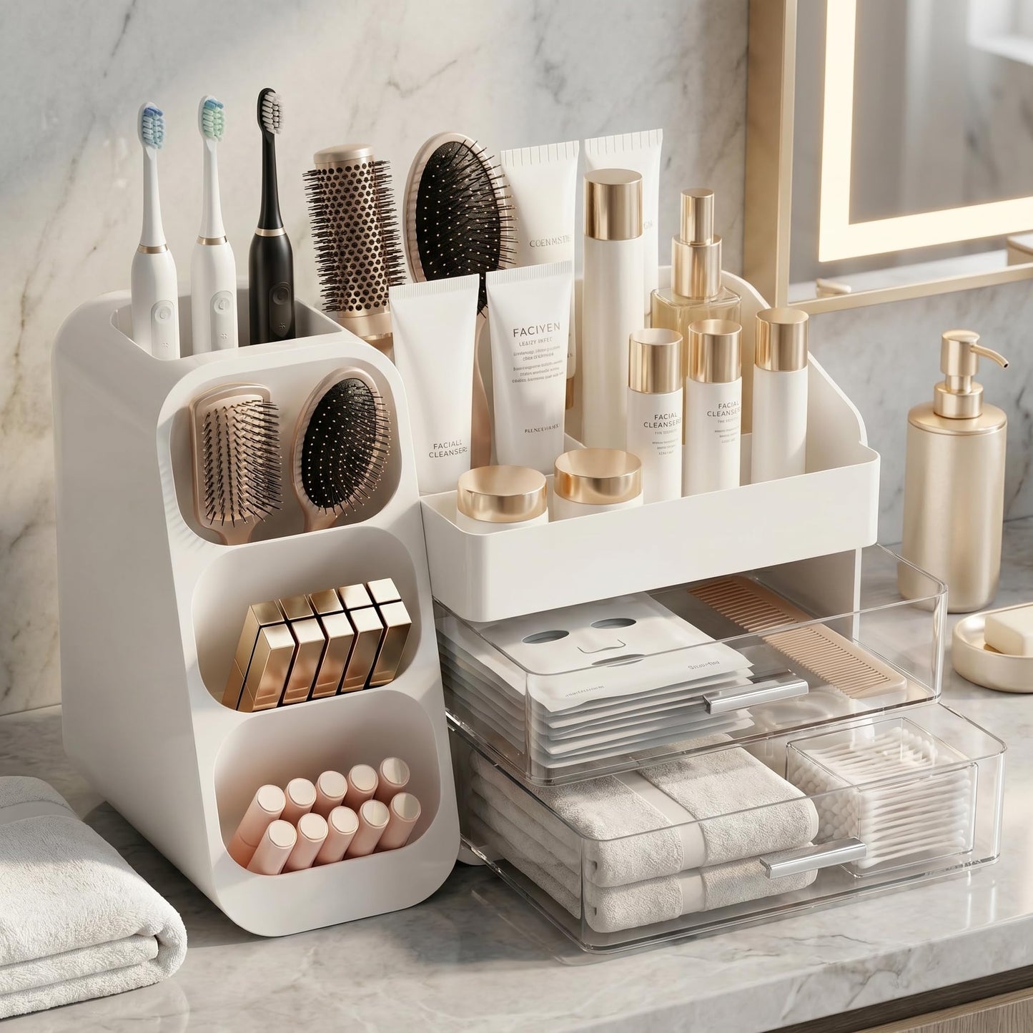 KQJS Makeup Organizer for Vanity - Large Skincare Organizers Countertop, Cosmetic Organizer with Brush Holder and 2 Drawer, Makeup Storage for Lipsticks, Nail Polishes, Eyeshadow Palettes, White