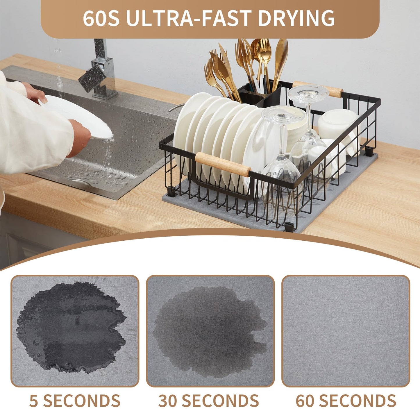 Dish Drying Rack with Stone Dish Drying Mat for Kitchen Counter, 16'' Lx 12''W Dish Drainer with Diatomaceous Earth Quick Dry Mat, Organization and Storage Essentials with Cup & Cutlery Holders