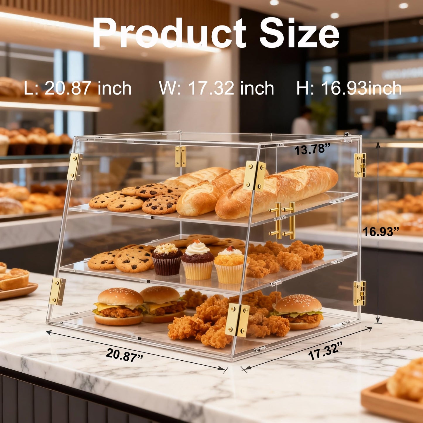CITYJOY 3-Tier Slanted Acrylic Bakery Display Case, 21"×17"×17" Commercial Countertop Pastry Showcase with Automatic-Closing Rear Doors for Donuts, Bagels, Macarons, Cupcakes