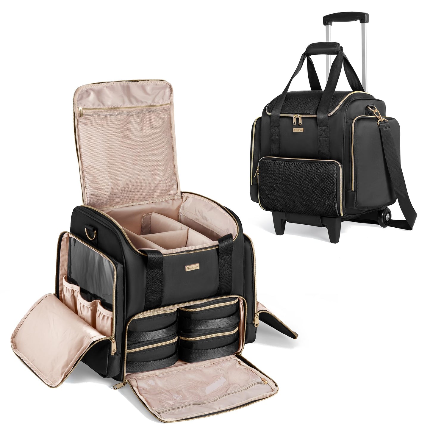 Prokva Rolling Makeup Case with 4 Removable Bags, Professional Makeup Train Case with Wheels, Makeup Artist Travel Bag with Brushes Storage Section, Black (Patent Design)