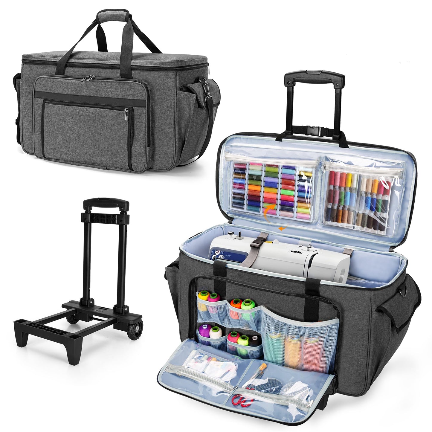 CURMIO Sewing and Embroidery Machine Carrying Case with Wheels, Rolling Embroidery Machine Tote Bag with Bottom Support Board Compatible with Brother SE600, PE535 Embroidery Machine, Gray