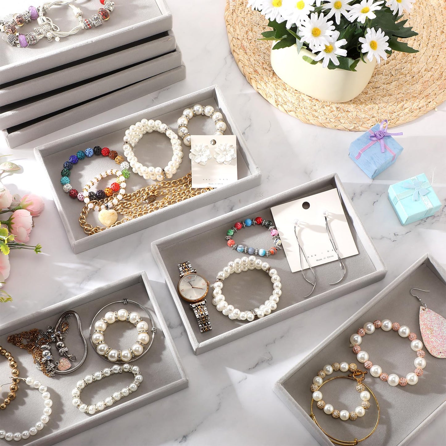 Inbagi 8 Pcs Small Velvet Jewelry StorageTray Stackable Drawers Organizer 8.3 x 4.7 x 1 Inches