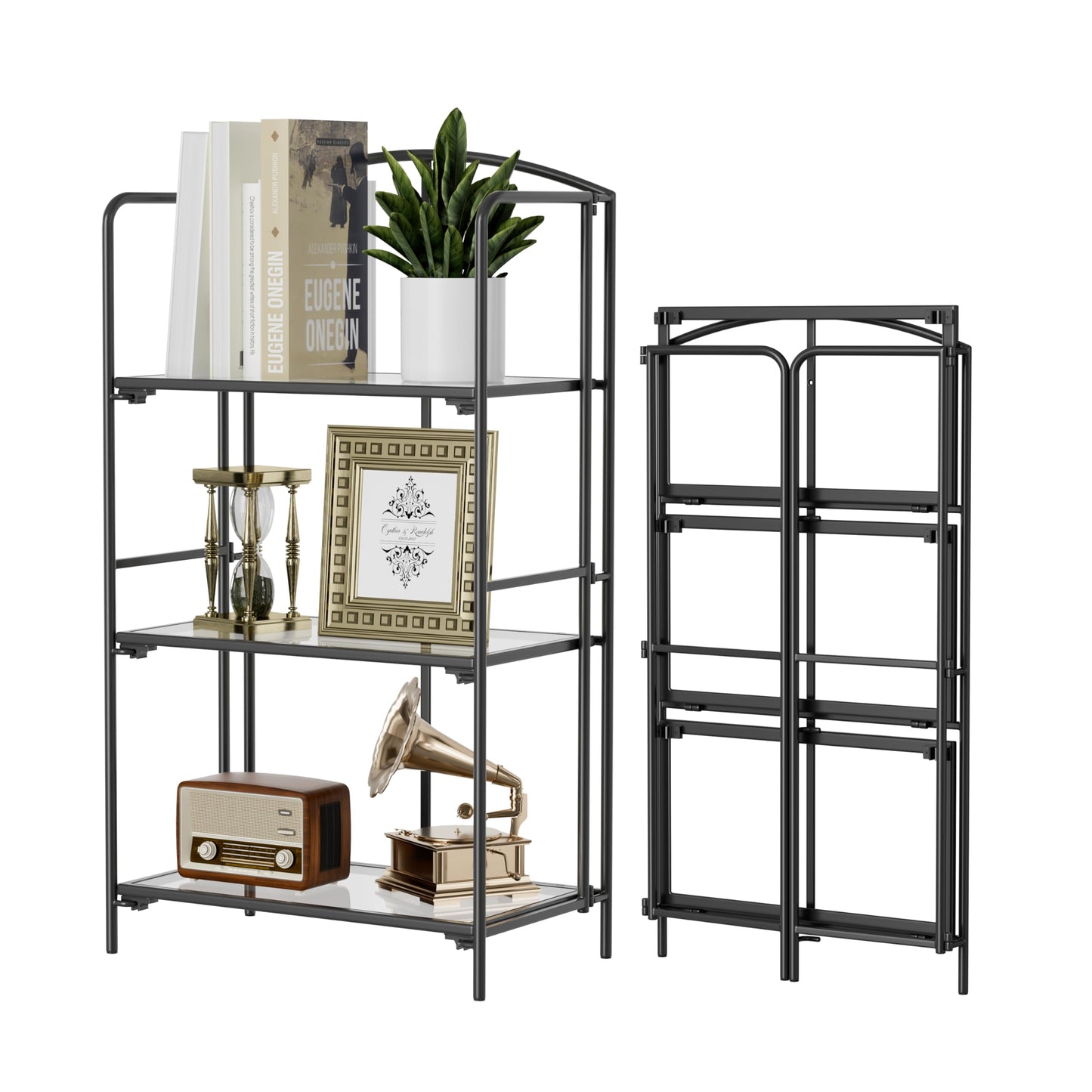 Crofy 3-Tier Foldable Bookshelf, Black Frame & Transparent Shelves