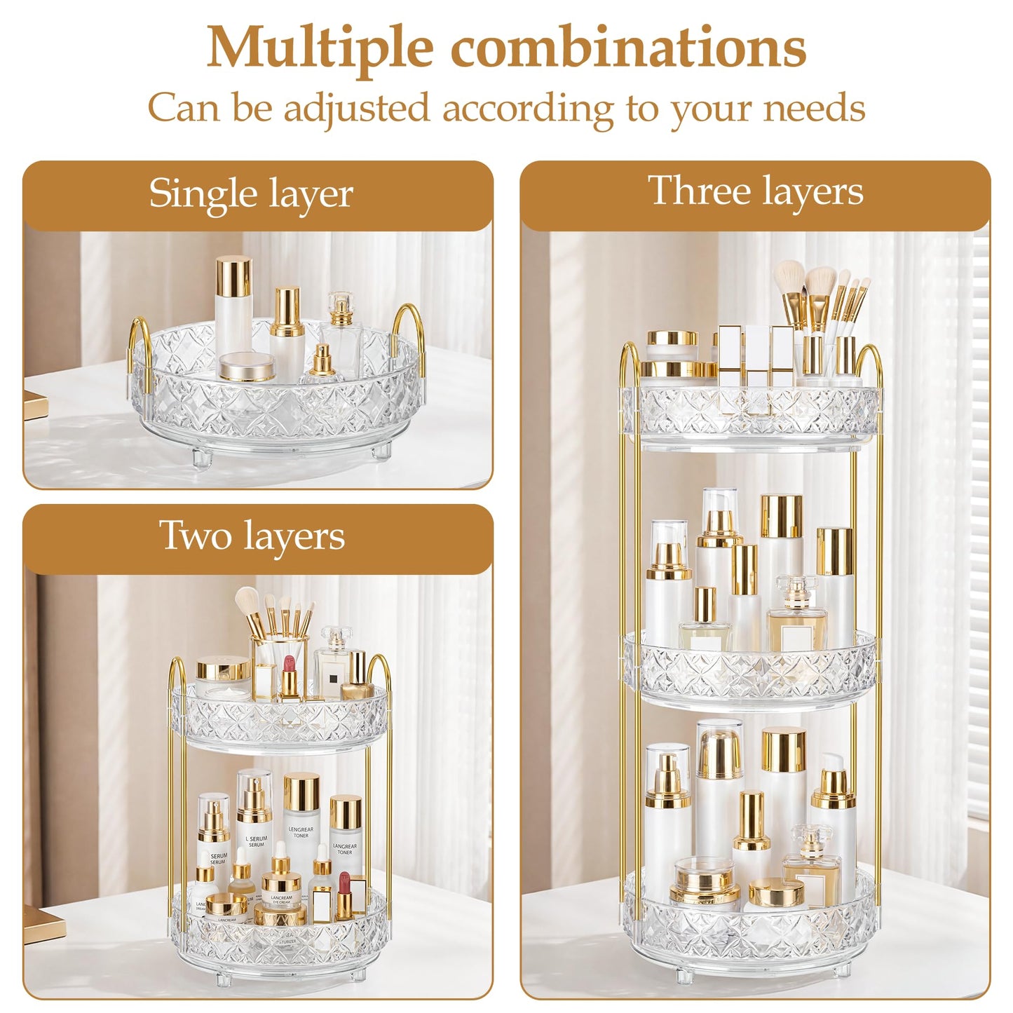 LAREKUN 360 Rotating Makeup Organizer for Vanity, 2 Tier Adjustable Perfume Organizer for Dresser, Multi-Function Spinning Cosmetics Skincare Storage for Bedroom, Dresser, Countertop, Clear