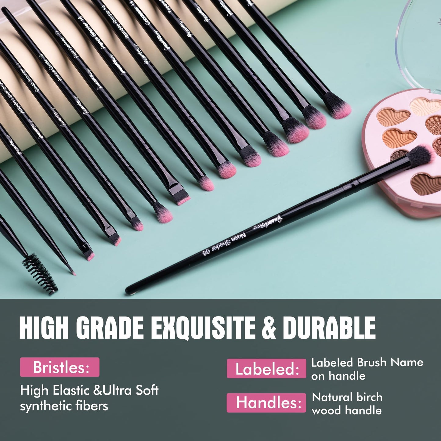Bueart Design 15Pcs Professional Eyeshadow Brushes Set,Labled Eye Brush Set Kit Essential for eye shadow concealer blending application by Ultra Soft Density Hair