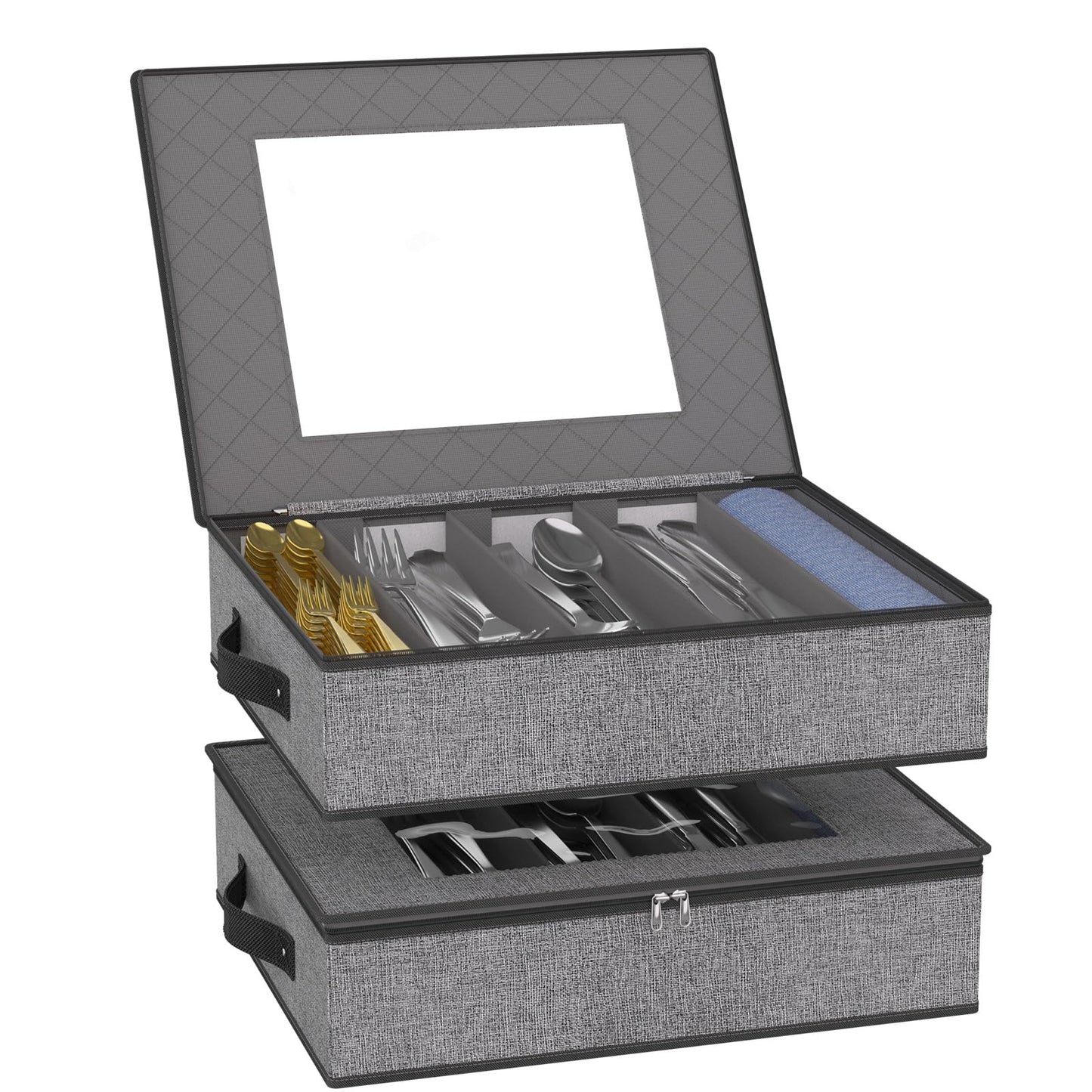 VERONLY 2 Pack Flatware Utensil Storage - Sturdy Silverware Storage Box with Dividers, 5 Compartment Flatware Storage Case with Handles and Removable Lid for Moving&Protected(Dark Gray)
