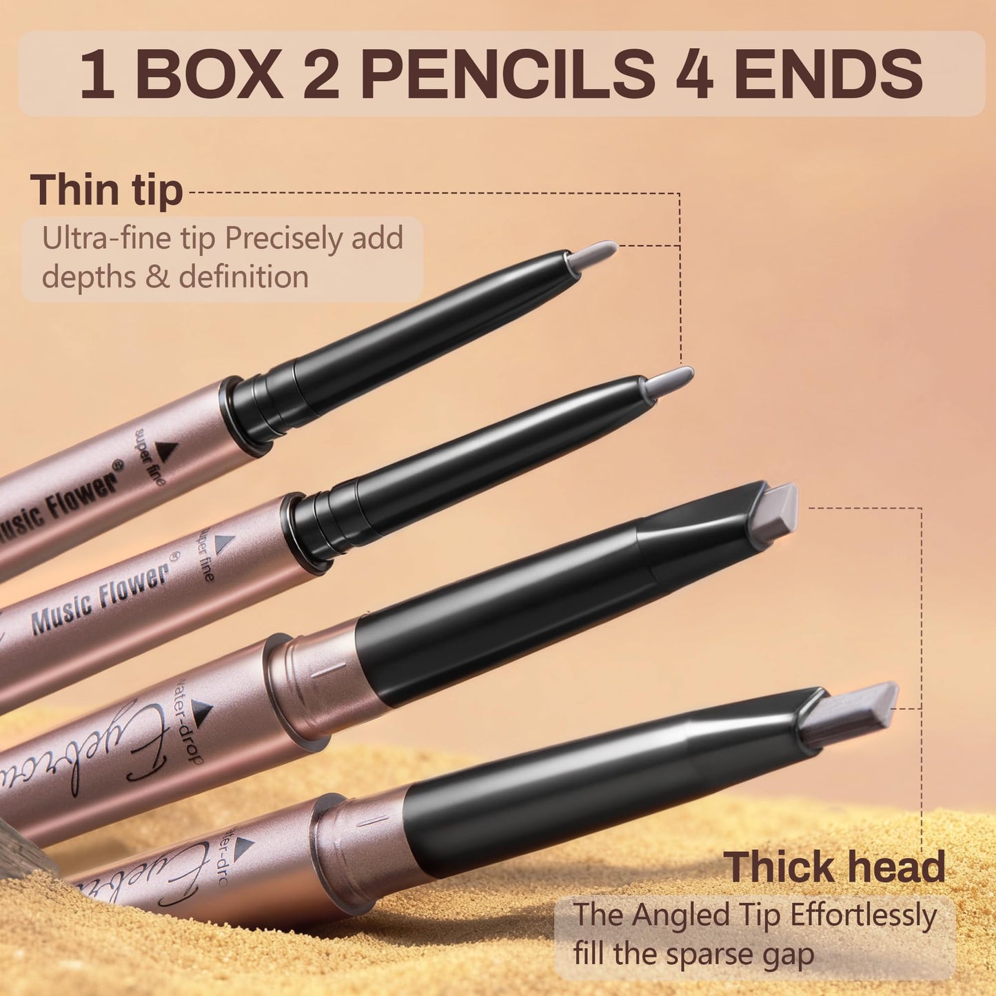 HeyBeauty 2 Pack Eyebrow Pencil, Waterproof Eyebrow Makeup with Dual Ends, Professional Brow Kit with Eyebrow Brush, Light Brown