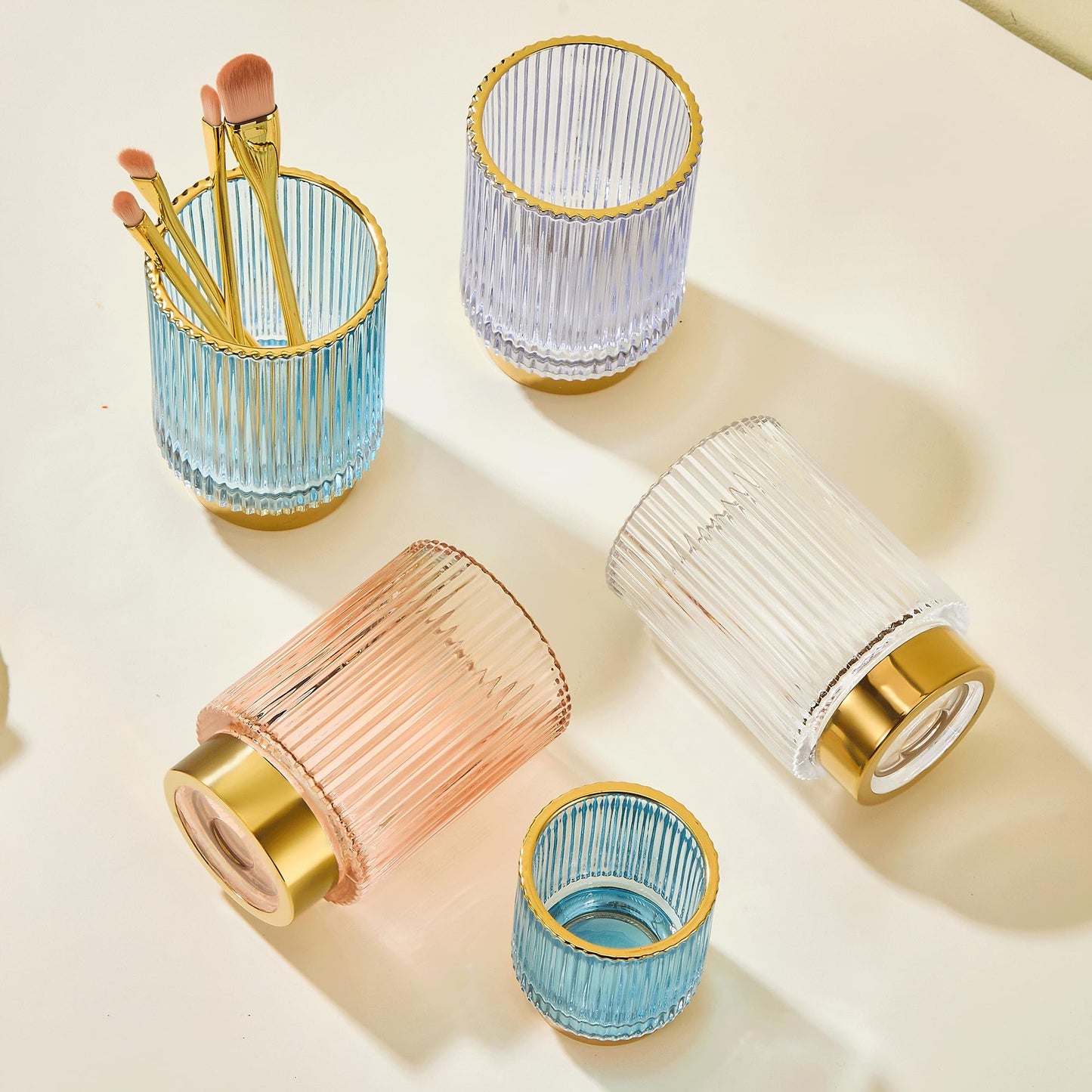 LEICURACE Makeup Brush Holder Organizer,Toothbrush Holders,Desk Pen Pencil Holder,Multifunctional Vintage Glass Brush Cup（L/Blue/A3-8-US）