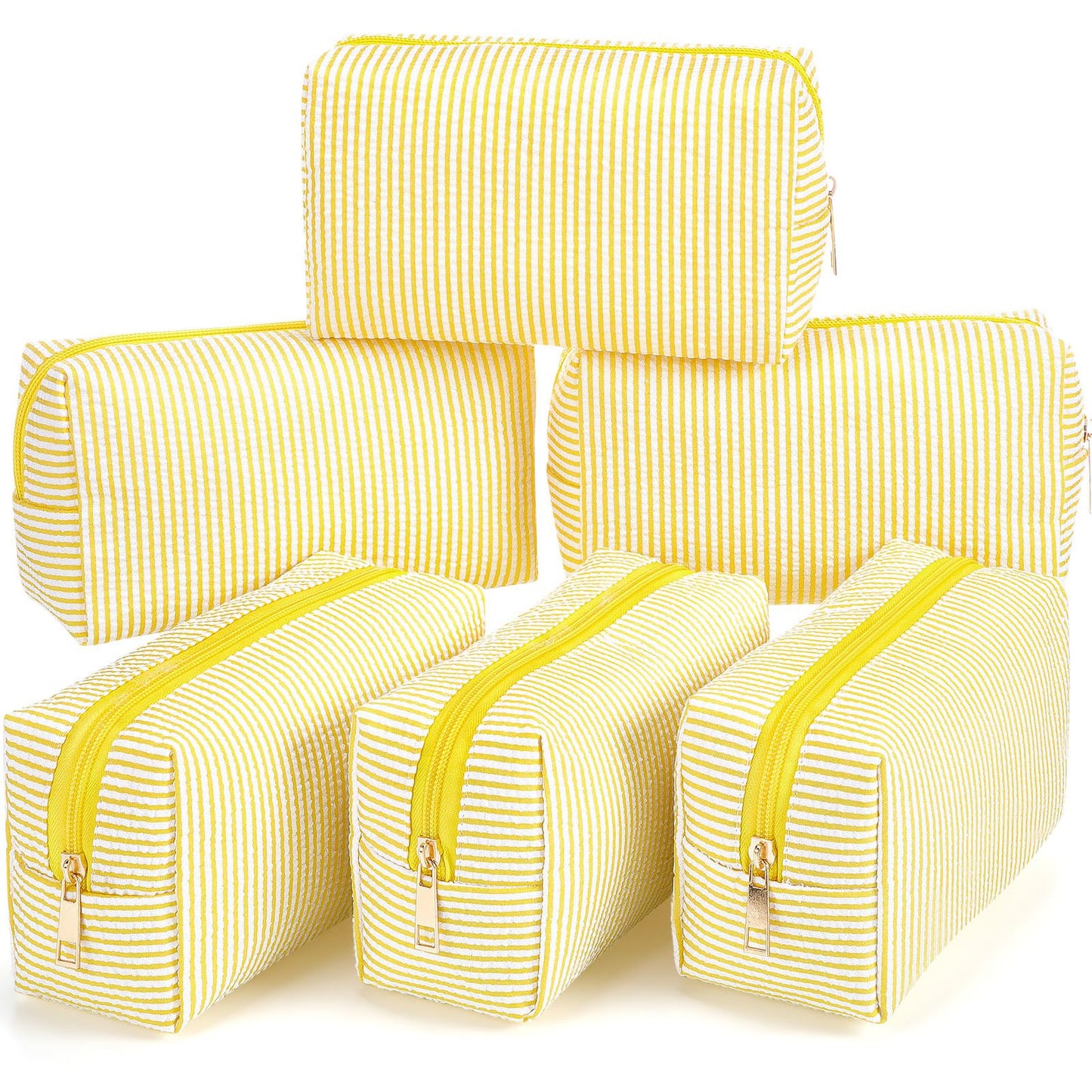 Sanwuta 6 Pcs Seersucker Cosmetic Bags Bulk Seersucker Makeup Bags Stripe Women Pouch Large Preppy Storage Pouch Toiletry Travel Organizer for Wedding Bridesmaid Bride Favor Mom Gift (Yellow)