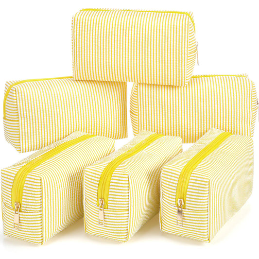 Sanwuta 6 Pcs Seersucker Cosmetic Bags Bulk Seersucker Makeup Bags Stripe Women Pouch Large Preppy Storage Pouch Toiletry Travel Organizer for Wedding Bridesmaid Bride Favor Mom Gift (Yellow)