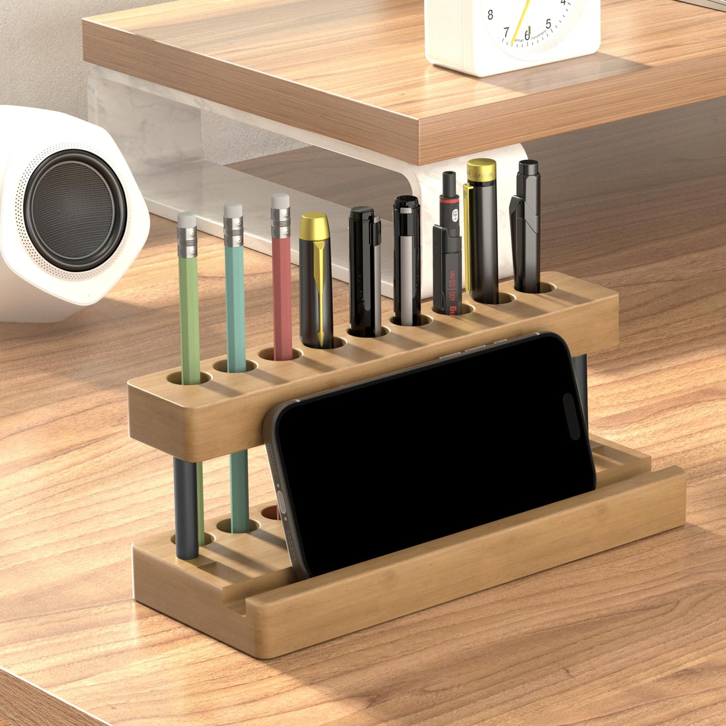 Cewomuc Wooden Holder for Office Desk, Solid Wood Pen Display Stand With 9 Slots and Cell Phone Holder, Aesthetic Pen Organizer for Minimalist Office Desk Decor (Wood+Black)