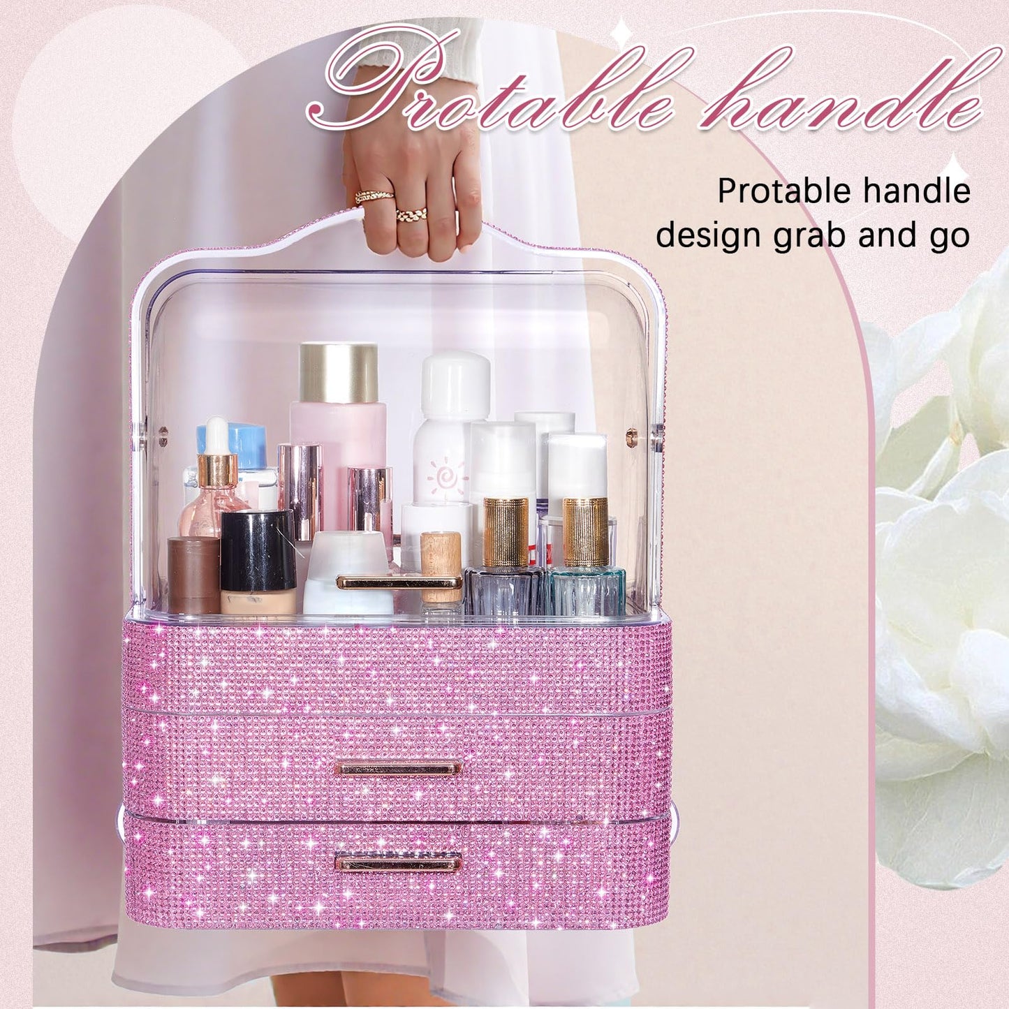 Honeydak Bling Makeup Organizer for Women Birthday Gifts Preppy Skincare Perfume Organizer Rhinestone Cosmetic Display Cases with Transparent Cover for Countertop, Desk(Pink,Rhinestone)