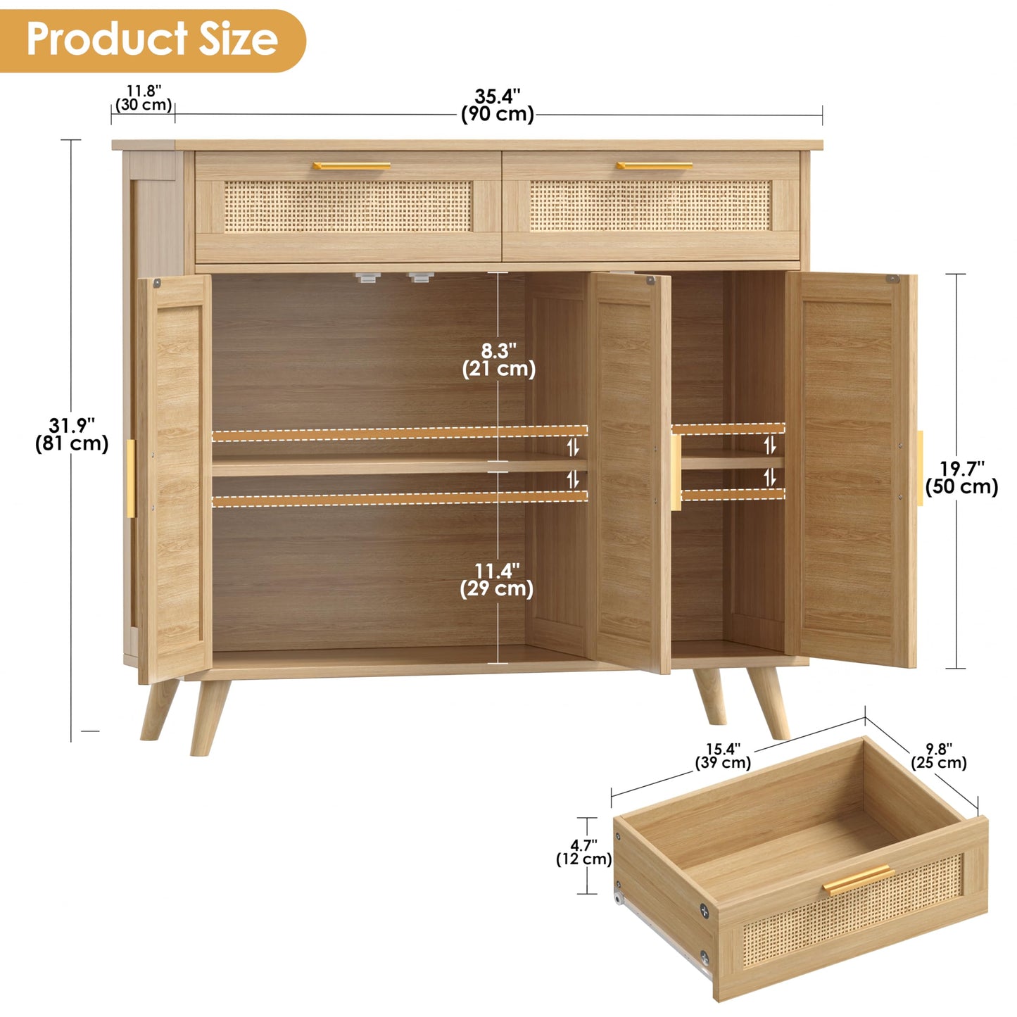 Akxomel Rattan Sideboard Buffet Cabinet with Storage, 35.4" W Buffet Cabinet with 2 Drawers and 3 Doors, Sideboard Storage Cabinet with Adjustable Shelves for Kitchen, Living Room, Natural Oak